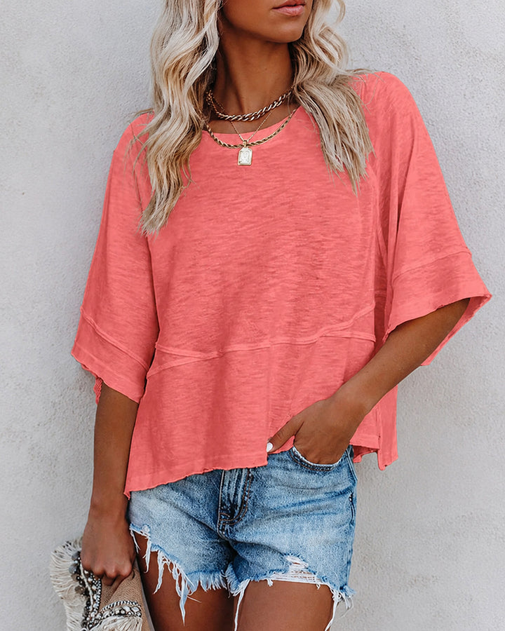 Panel Solid Color Flared Sleeve T-Shirt