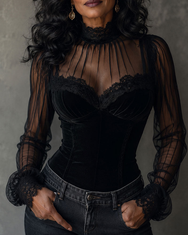 Mesh Lace Spliced Flared Sleeve Waist-Cinched Top