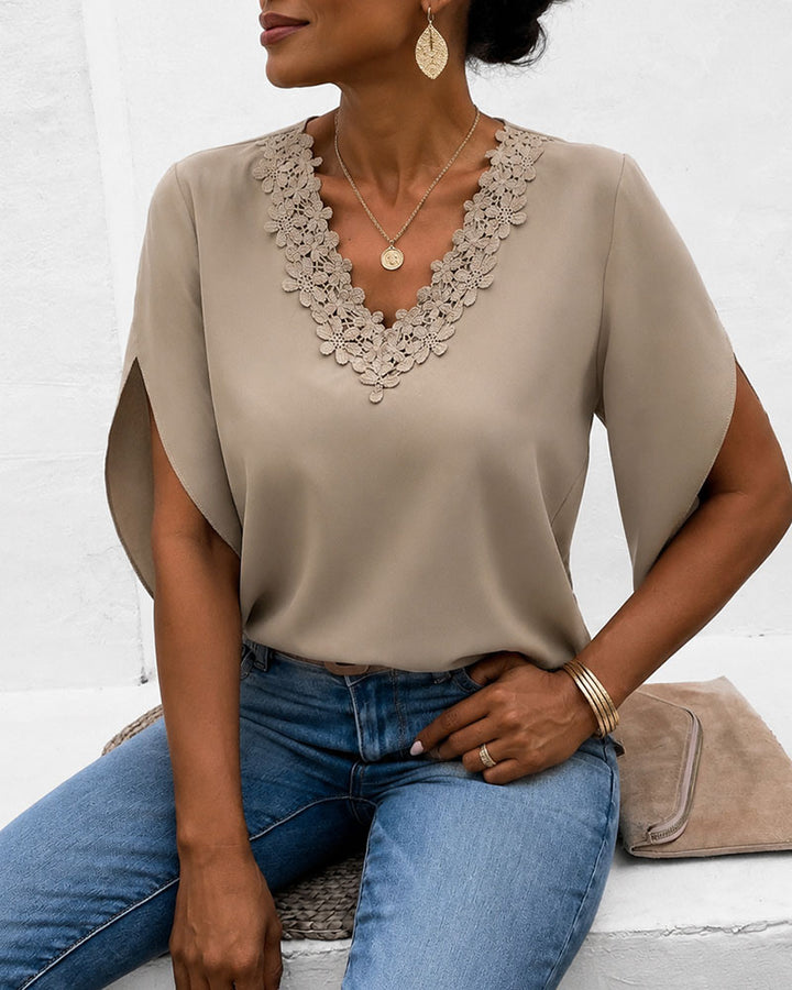 Lace-trimmed V-neck Bell Sleeve Blouse