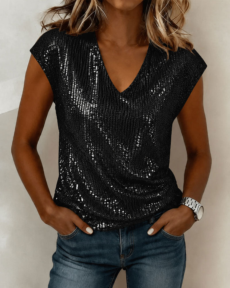 V-neck Sequined Short-sleeved Shimmering Vest