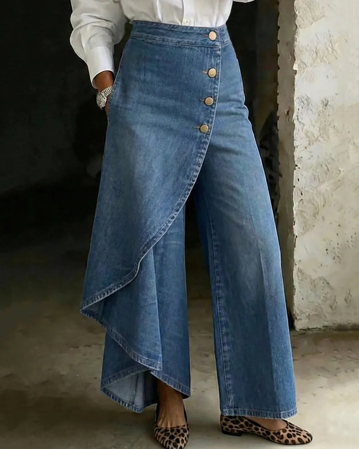 Ruffled Button-front High-waisted Washed Wide-leg Jeans