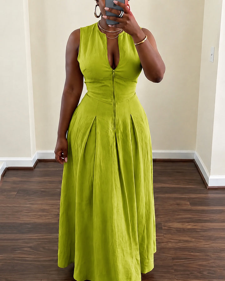 Round Neck Zipper High Waist Maxi Dresses