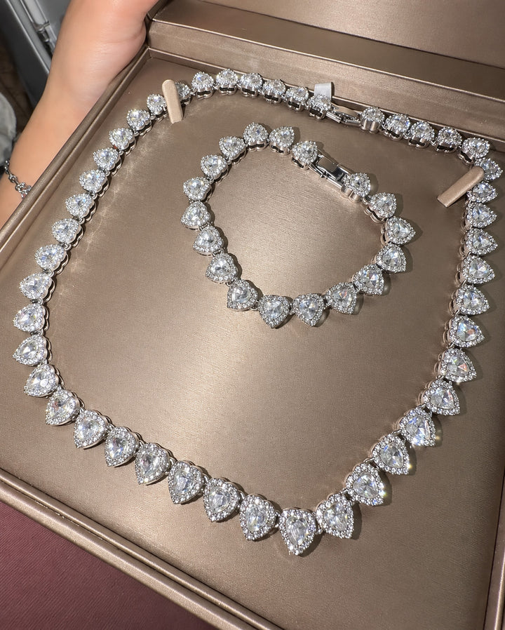2Pieces/Set Bling Bling Love Heart Shape Chain Necklace and Bracelet