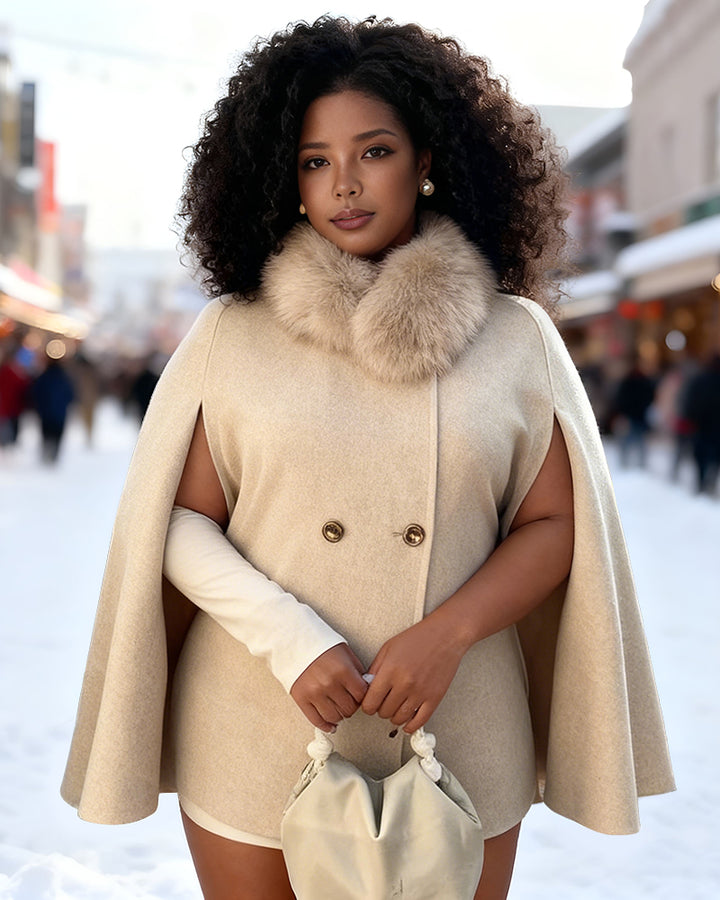 Fur-collared Batwing Sleeve Cape Coat