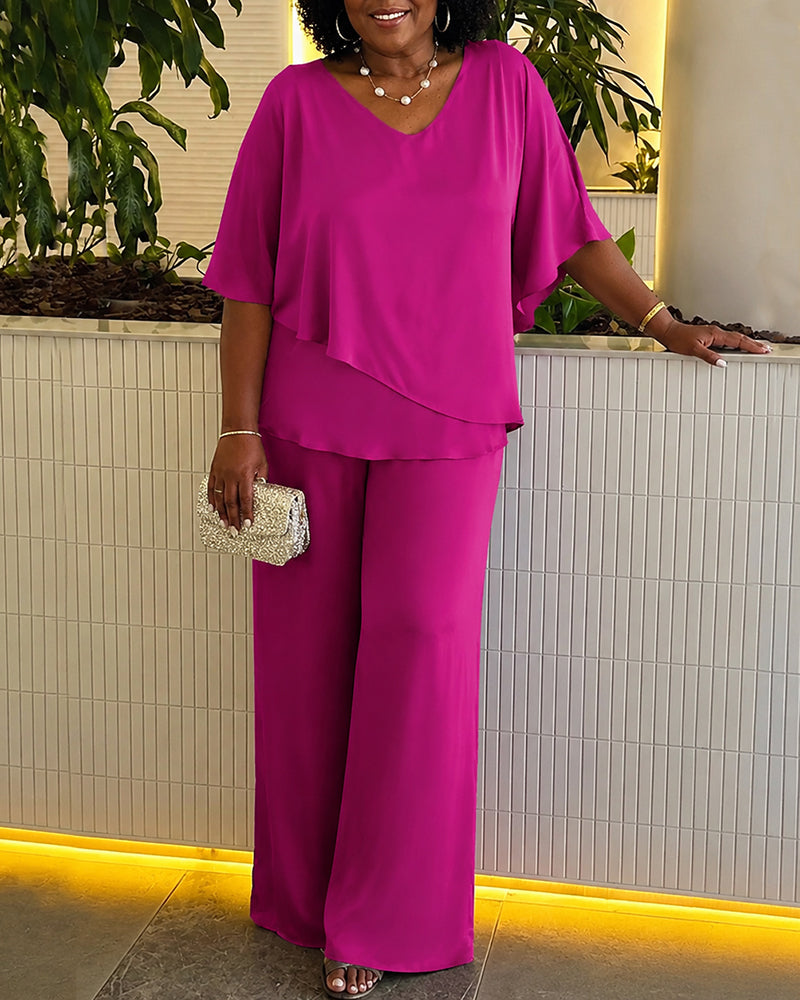 Solid Color V-neck Irregular Hem Casual Suit