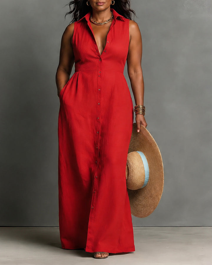 Collared Button-front Sleeveless Full Maxi Dress