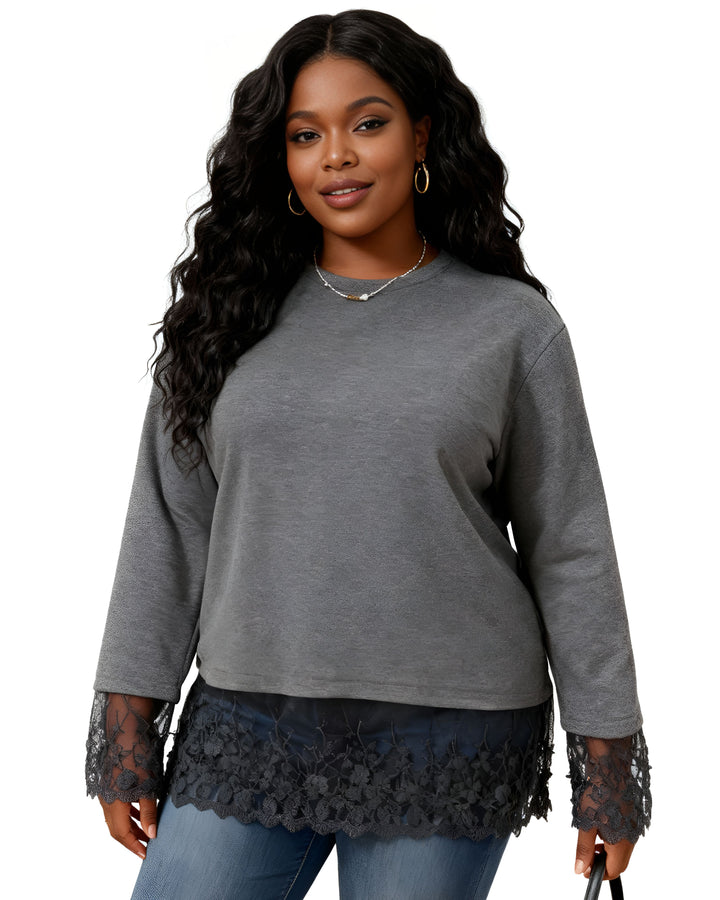 Sense Lace Stitching Brushed Velvet Long Sleeve T-shirt