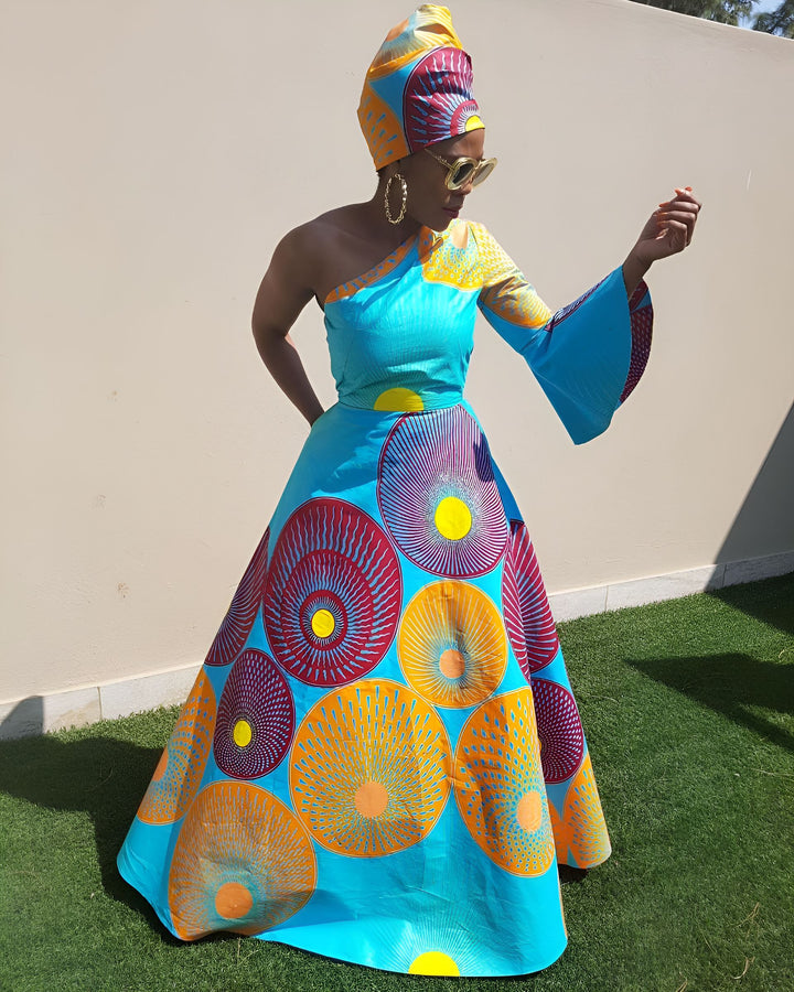 African Geometric Off-shoulder Flared Sleeves Maxi Dress