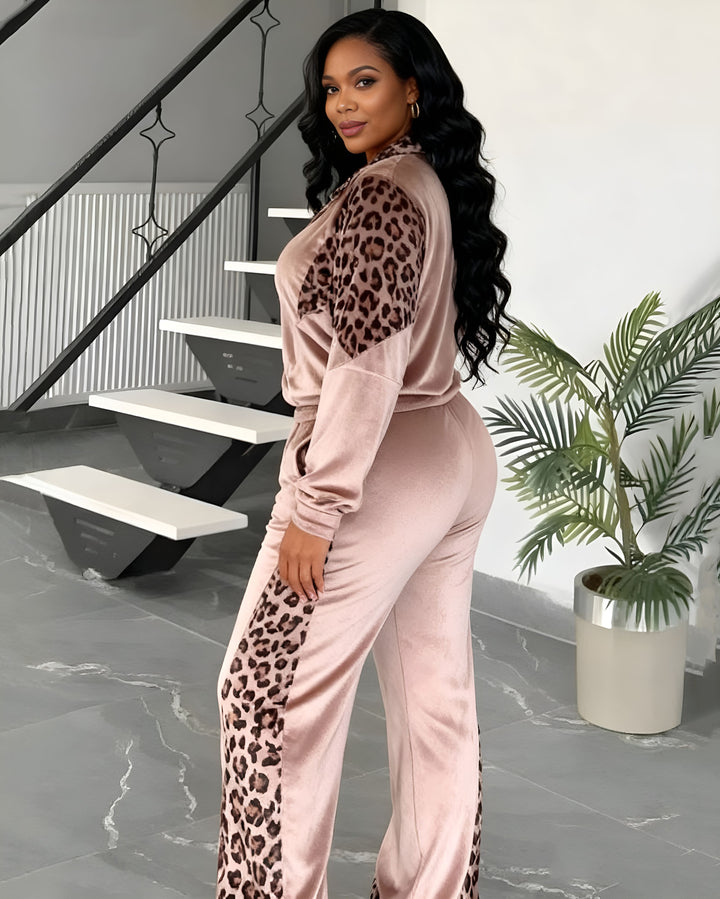 Leopard Print Contrast Trousers Long Sleeve Home Suit