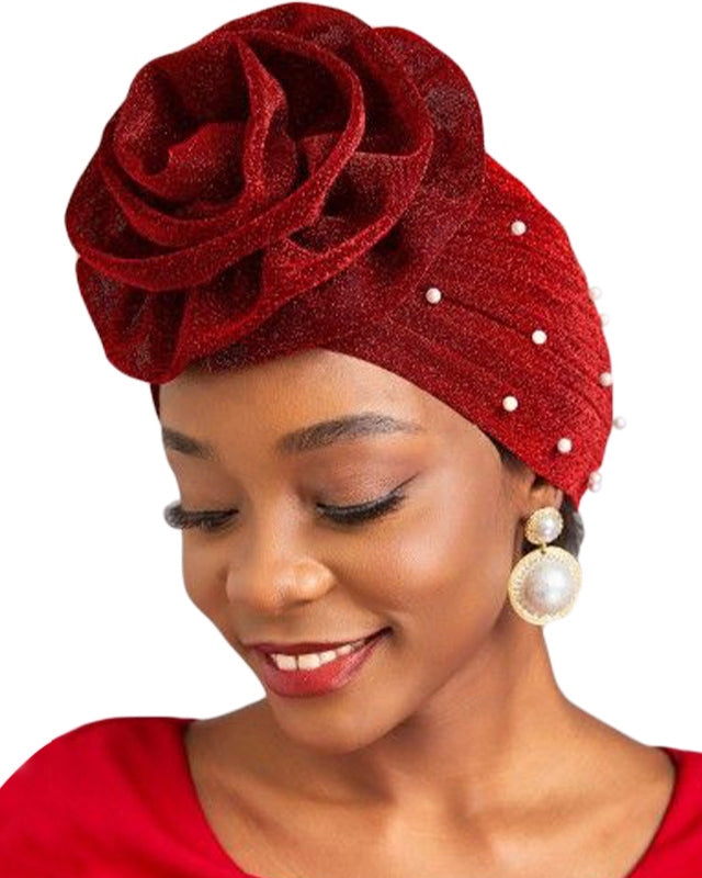Pearl Pre Tied Flower Turban Hat Stylish Shimmering
