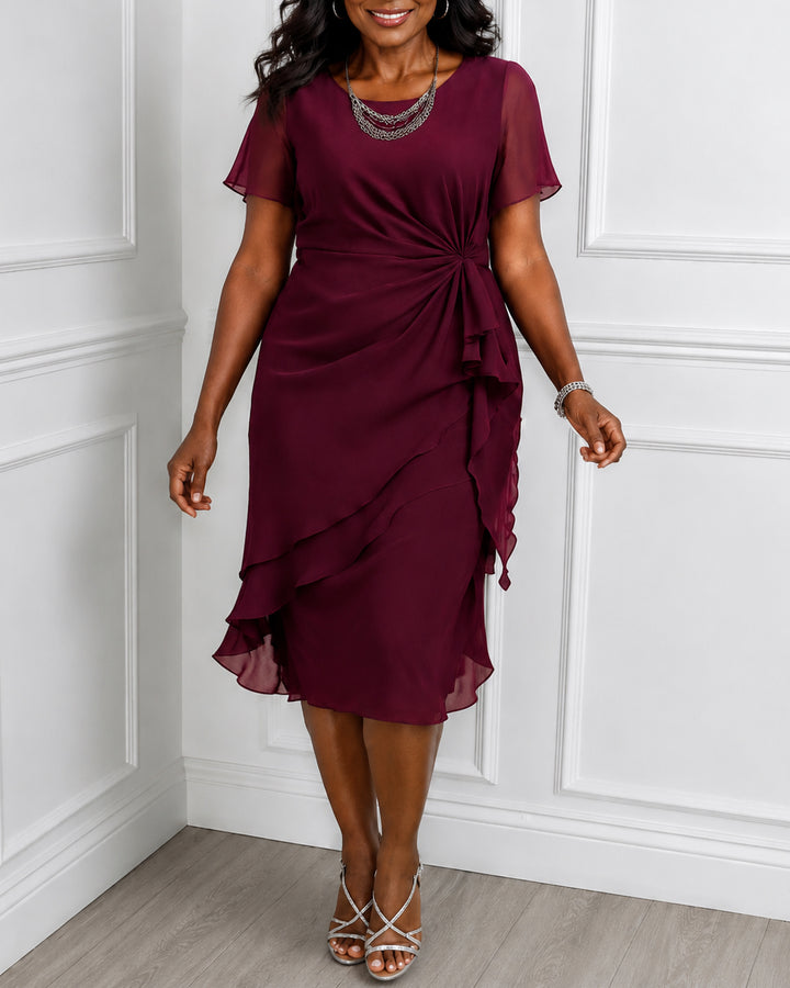 Spliced chiffon Short-Sleeve Fitted-Waist Solid Midi Dress