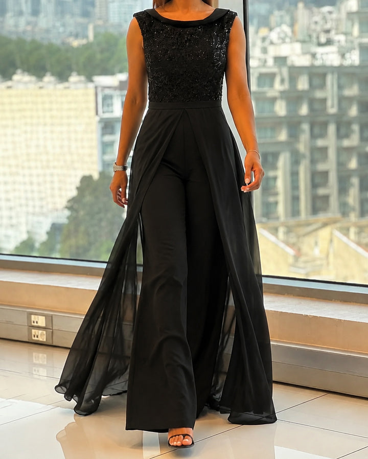 Black Sequin Sleeveless Chiffon Overlay Jumpsuit