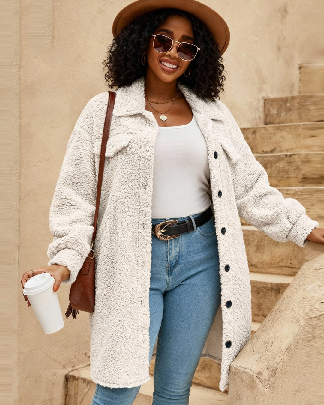 Open Button Lel Plush Coat Loose Elegant Commuter Long Coat