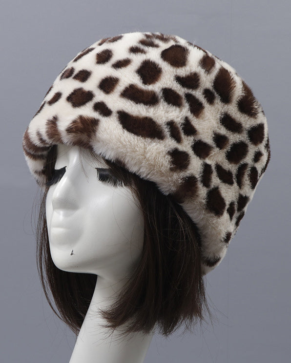 Leopard Faux Rex Rabbit Fur Round Flat Hat