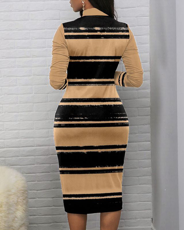 Ink Black Stripes Zipper Stand Collar Long Sleeve Bodycon Dress
