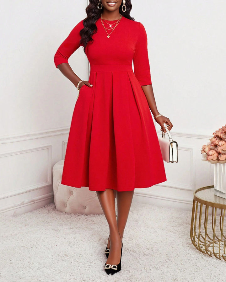 Elegant Solid Color Round Neck Long Sleeves Midi Dress