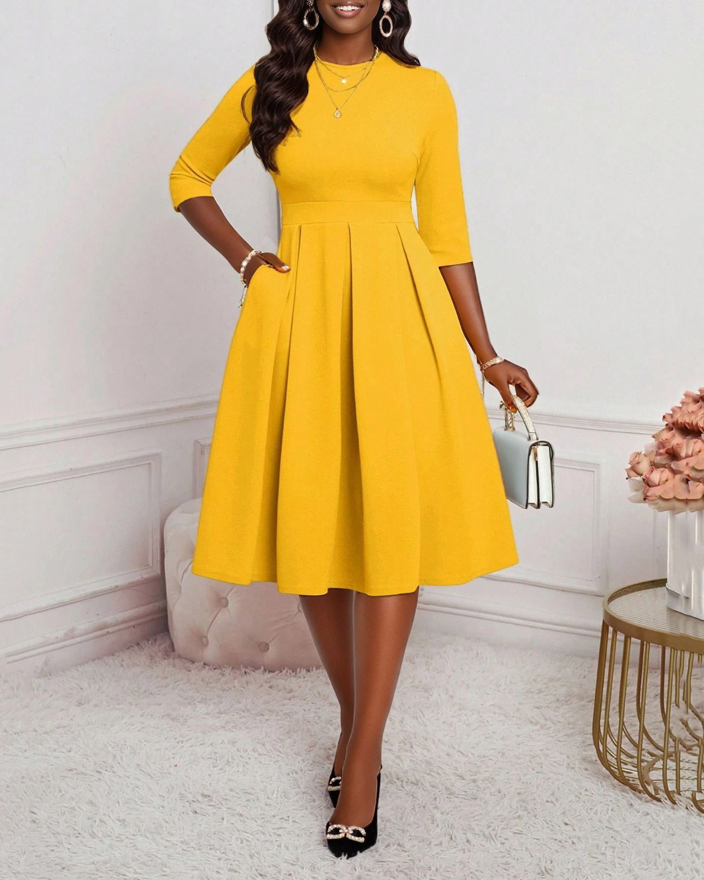 Elegant Solid Color Round Neck Long Sleeves Midi Dress – wmnblack