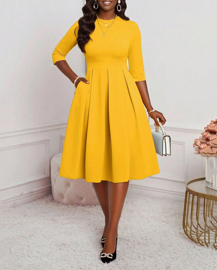 Elegant Solid Color Round Neck Long Sleeves Midi Dress