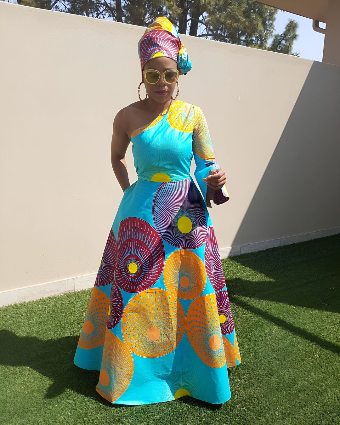 African Geometric Off-shoulder Flared Sleeves Maxi Dress