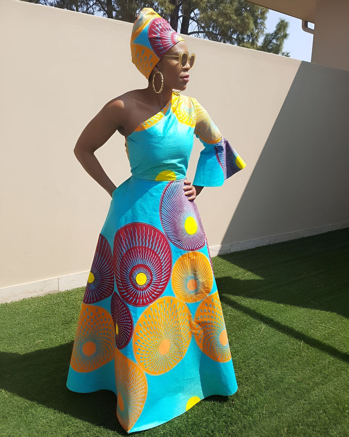 African Geometric Off-shoulder Flared Sleeves Maxi Dress
