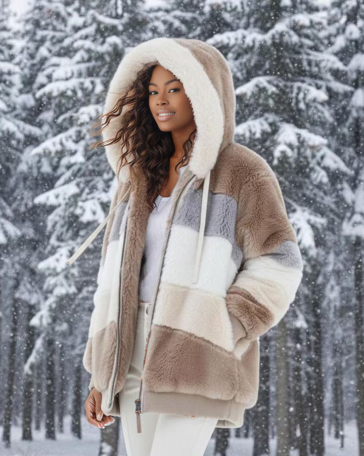 Women Loose Fluffy Colorblock Hooded Coat