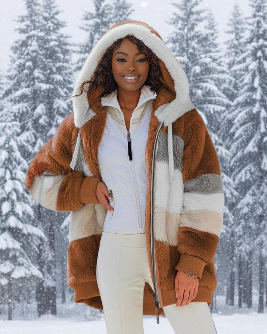 Women Loose Fluffy Colorblock Hooded Coat