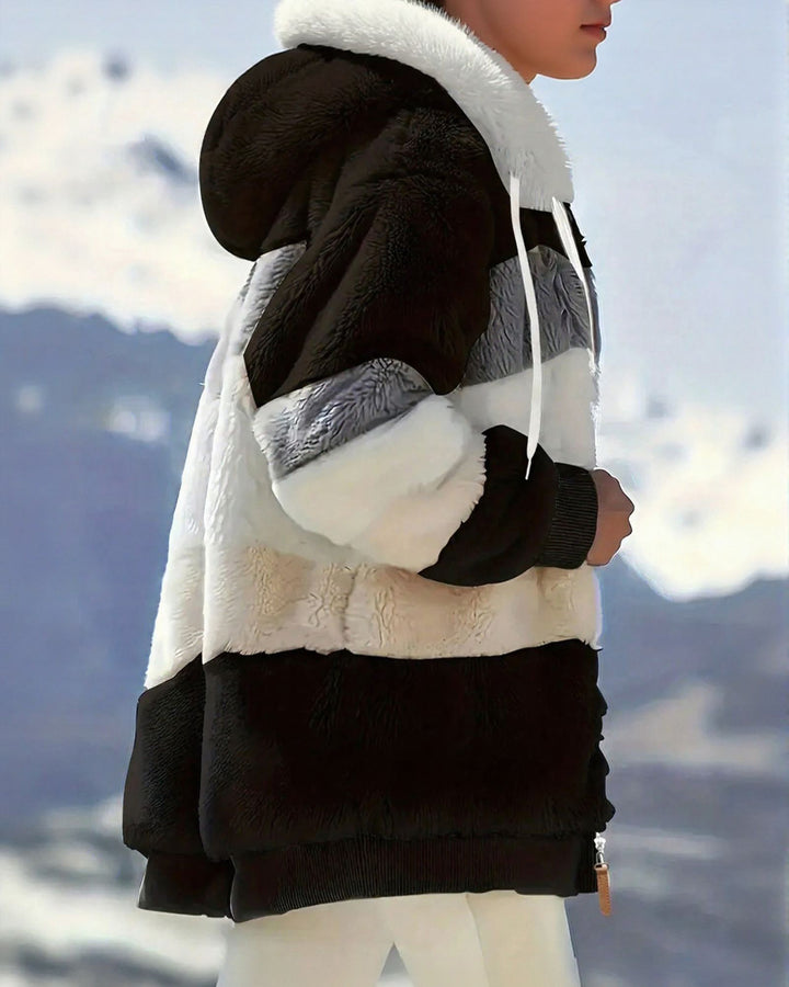 Women Loose Fluffy Colorblock Hooded Coat