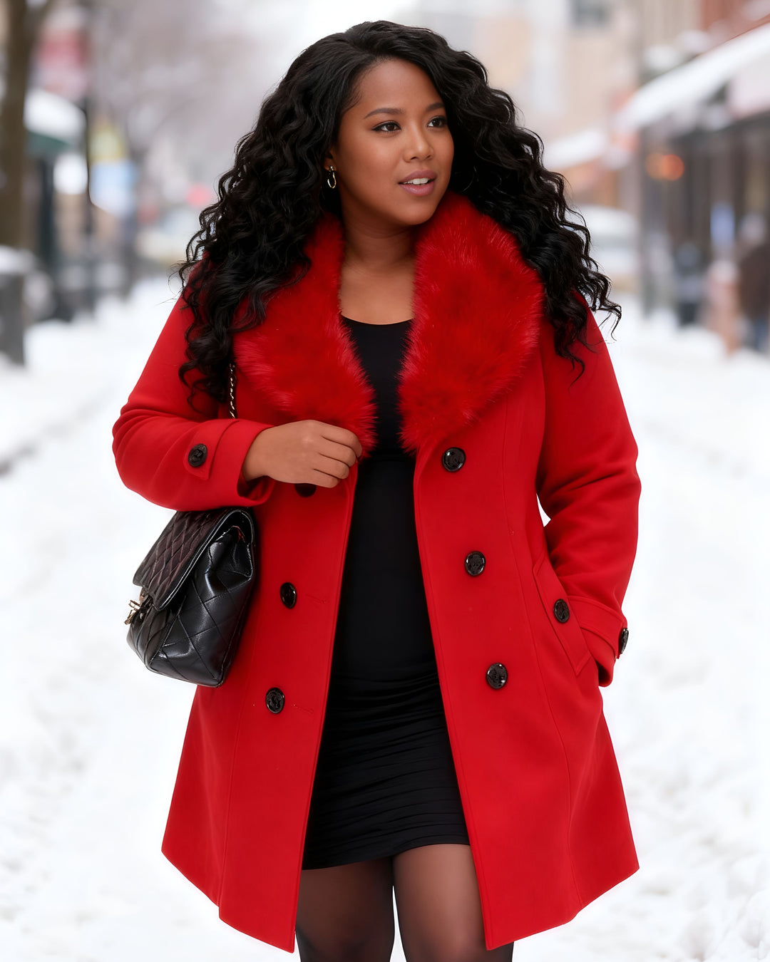 Woolen Collar Double-breasted Mid-length Coat