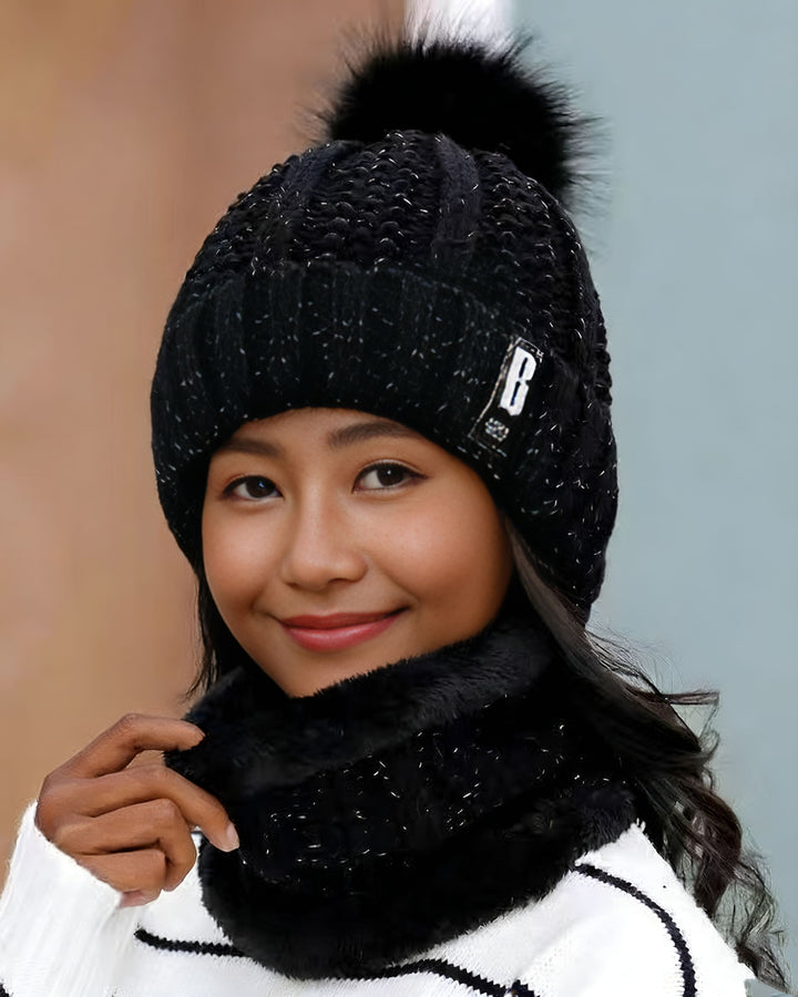 2pcs/Set Women Winter Beret Hat And Pom Pom Fleece Lined Neck Warmer Scarf Set