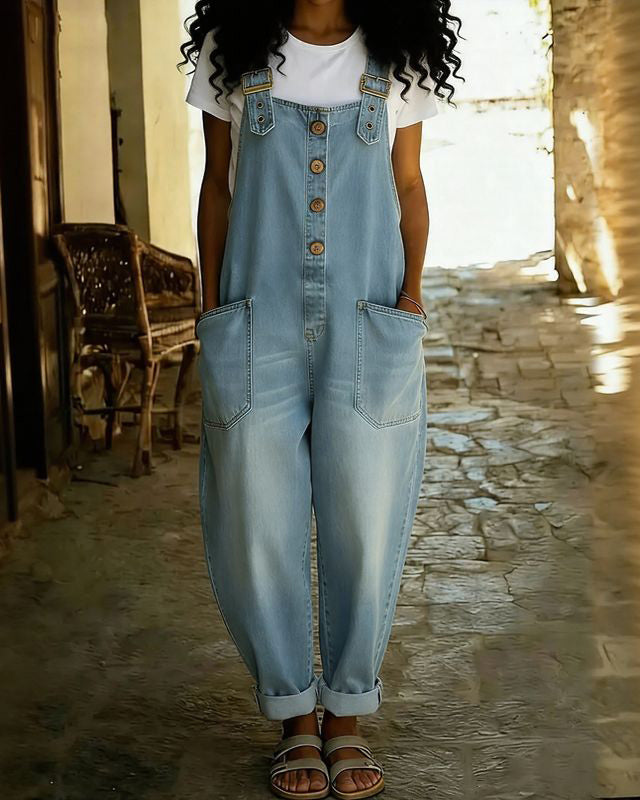 Washed Denim Jumpsuit with Adjustable Buttons