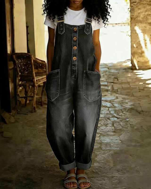 Washed Denim Jumpsuit with Adjustable Buttons