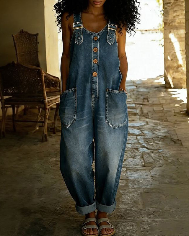 Washed Denim Jumpsuit with Adjustable Buttons