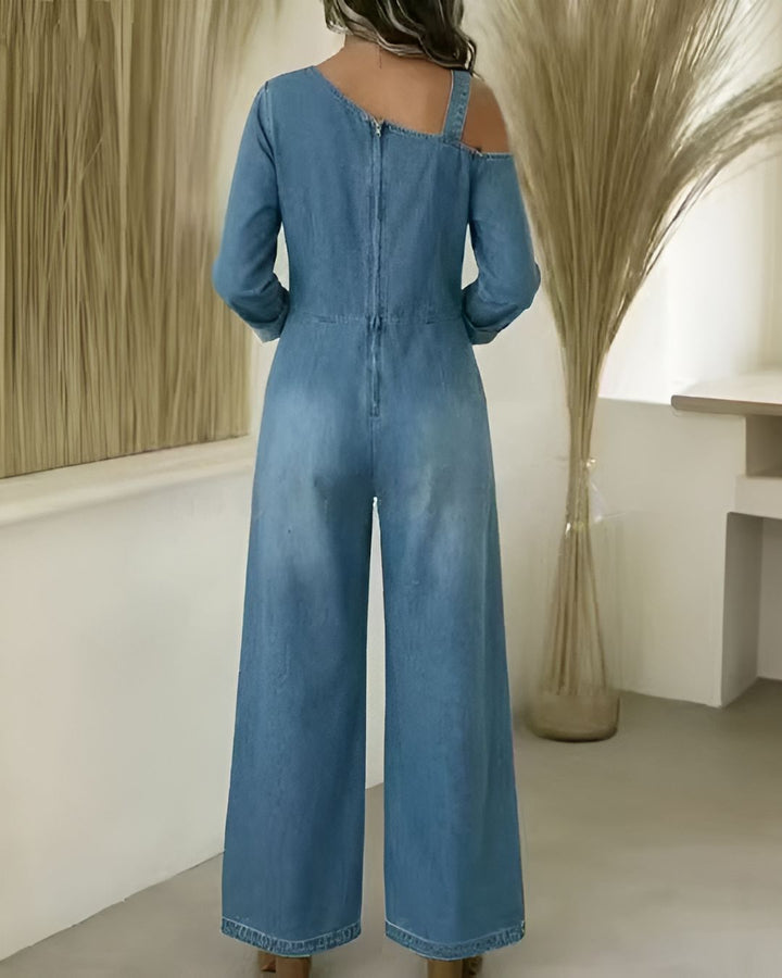 Women's Washed Denim Overall Wide-Leg Jumpsuit