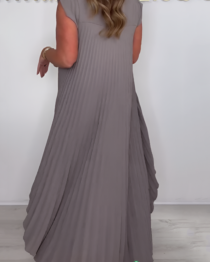 Solid Color Pleated Round Neck Top & Straight-leg Pants Two-piece Set