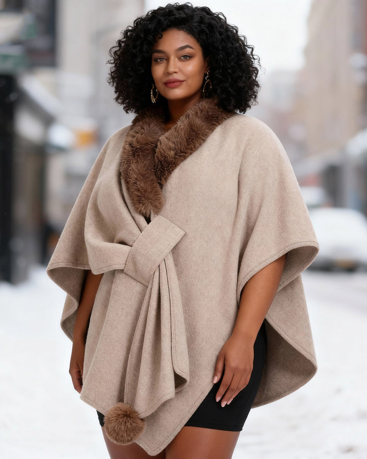 Imitation Rex Rabbit Fur Collar Cape Shawl Women's Loose Knitted Cardigan Large Size Woolen Jacket