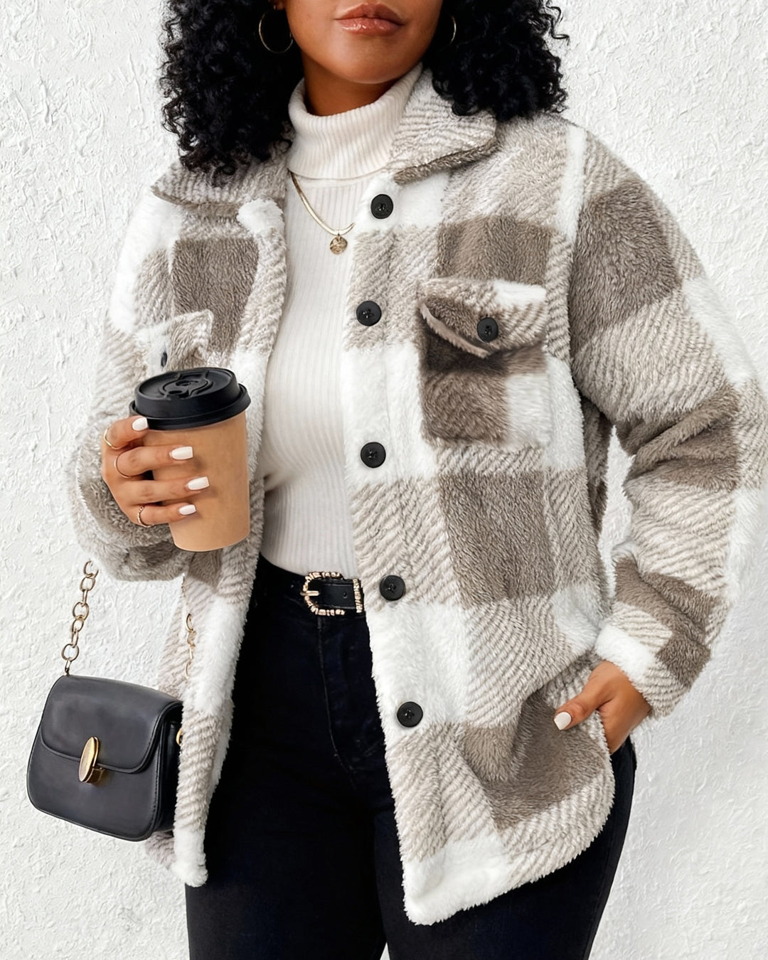 Pocket Plaid Lambskin Jacket Button Plush Coat