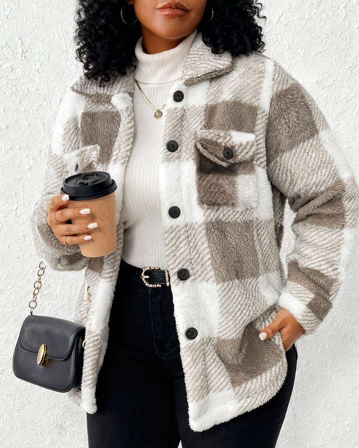 Pocket Plaid Lambskin Jacket Button Plush Coat
