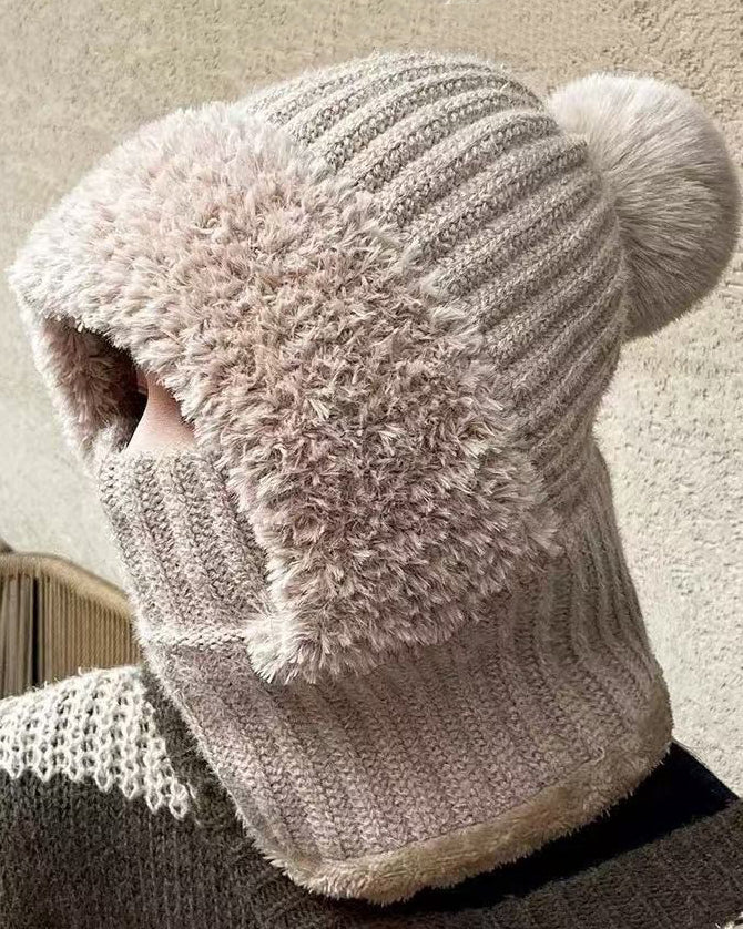 Knitted Plush Warmth-Retaining Scarf-Integrated Pull-On Beanie