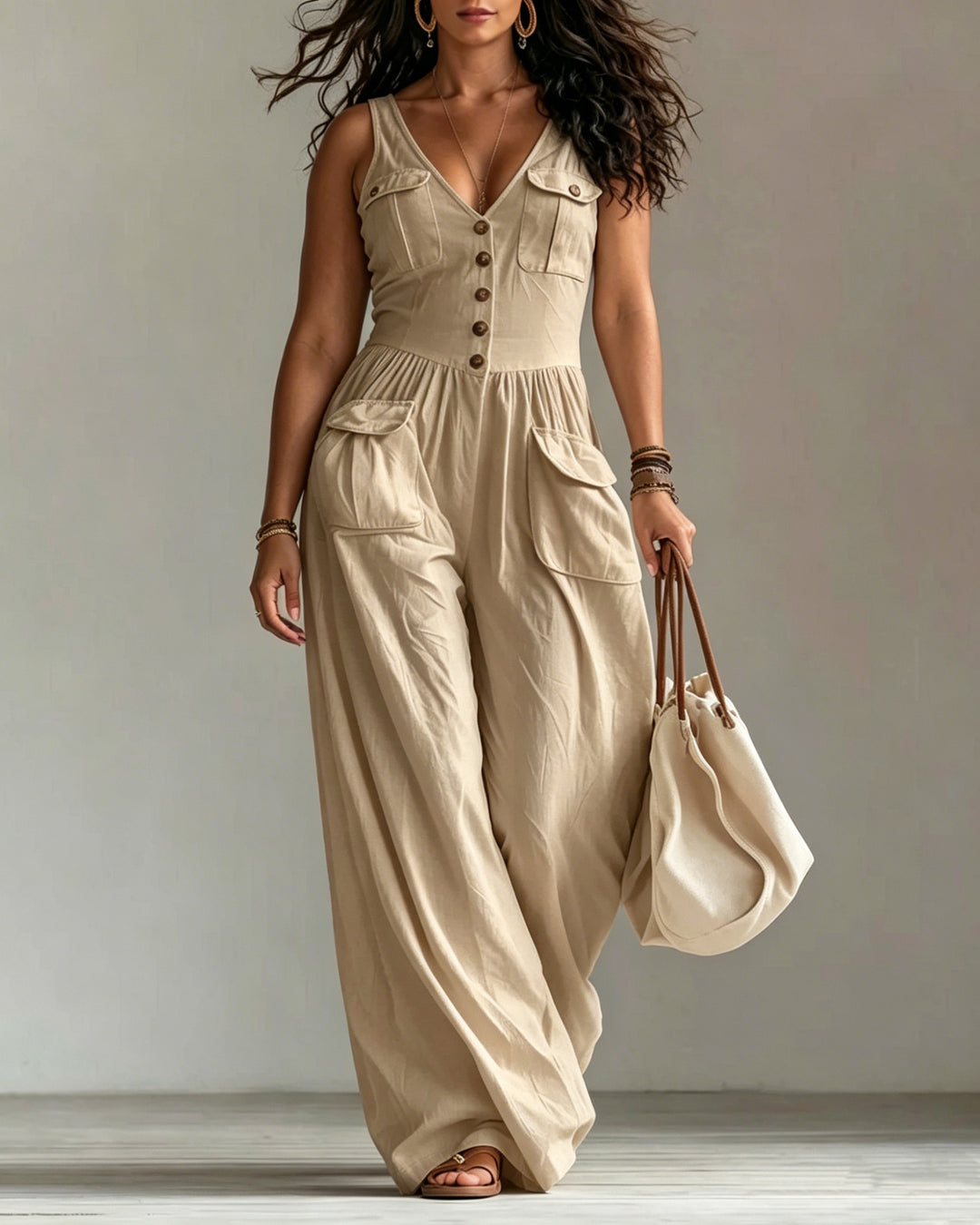V-neck Sleeveless Wide-leg Jumpsuit with Pockets