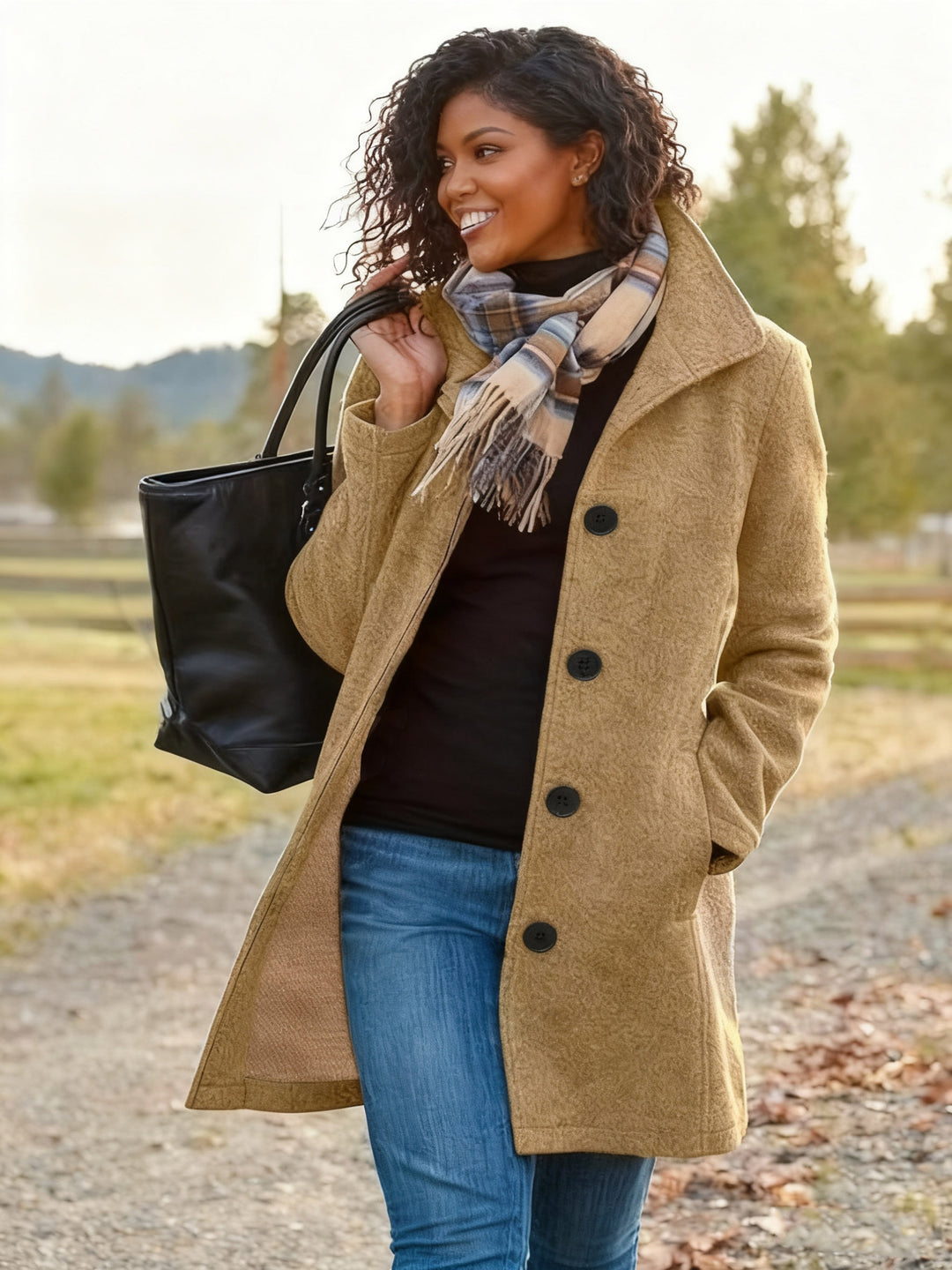 Women's Woolen Coat Solid Color Laps With Pocket Long Woolen Coat