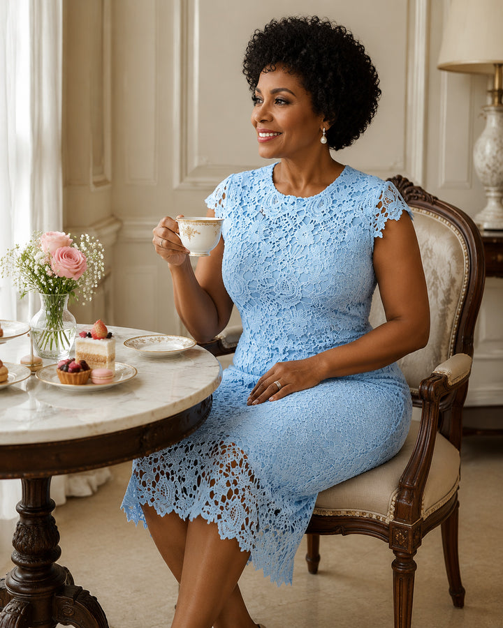 Womens  Crew Neck Lace Floral Dress Elegant Cocktail Evening Party Bodycon Dress