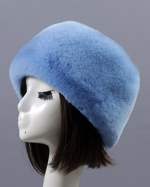 Solid Color Faux Rex Rabbit Fur Round Flat Hat