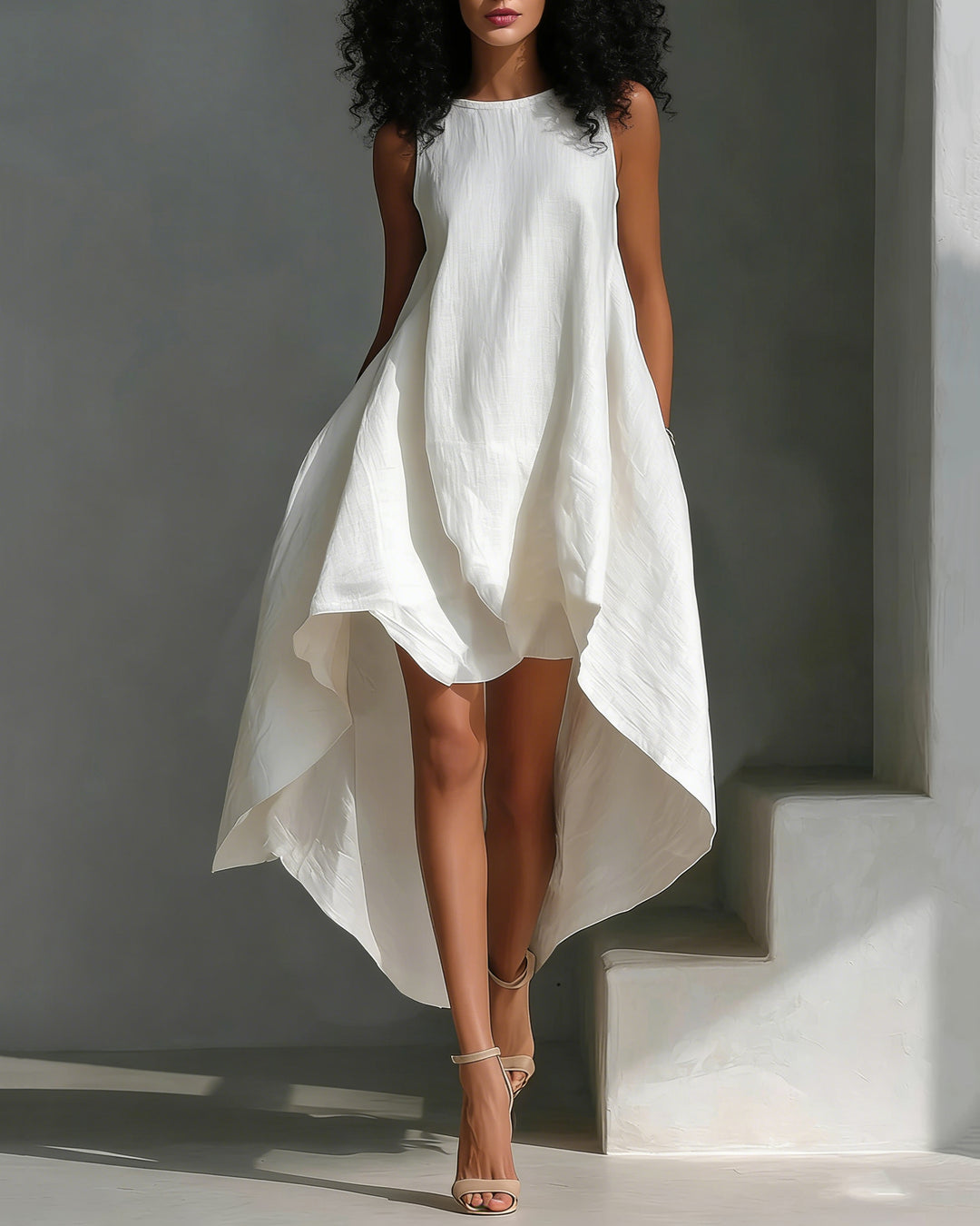 White Cotton Linen Round Neck Sleeveless Flared A-Line Maxi Dress