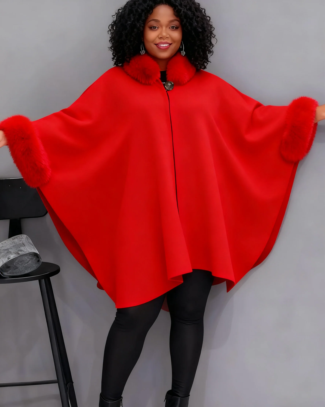 Autumn And Winter Large Rabbit Fur Collar Mid-length Woolen Coat Elegant Cape Shawl Hepburn Style Woolen Large Size Coat