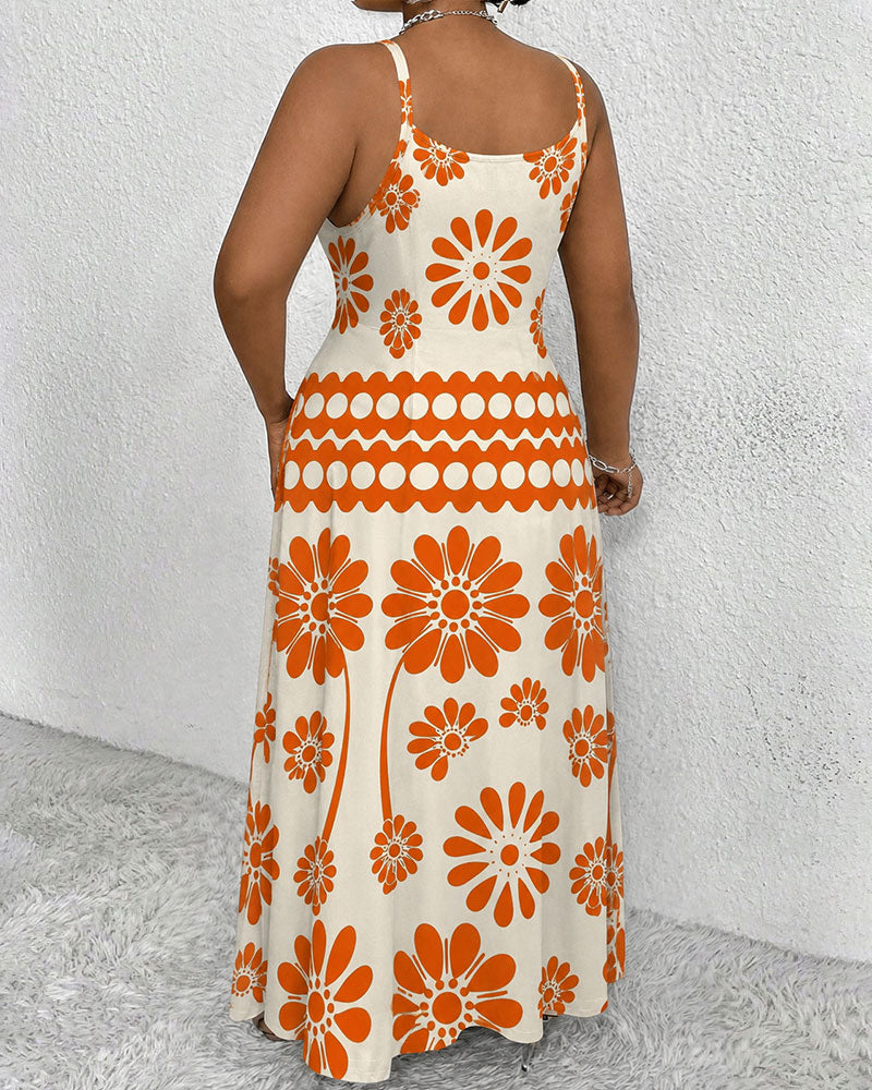 Sling Orange Bohemian Floral Polka Dots Pocket Maxi Dress