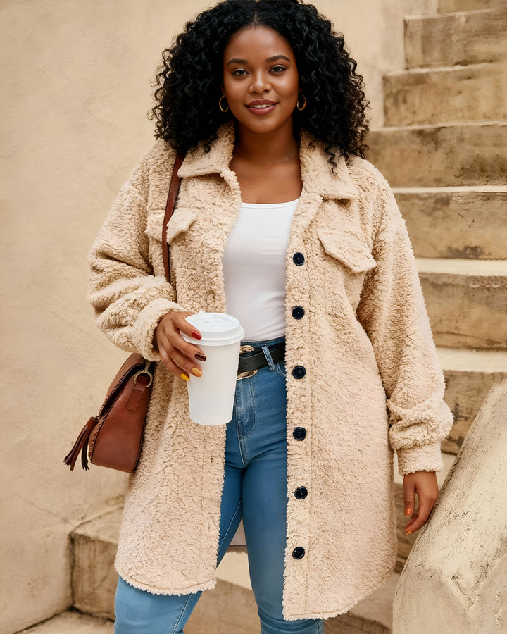 Open Button Lel Plush Coat Loose Elegant Commuter Long Coat