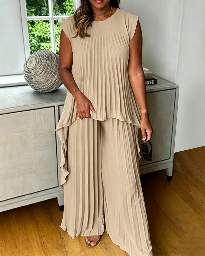 Solid Color Pleated Round Neck Top & Straight-leg Pants Two-piece Set