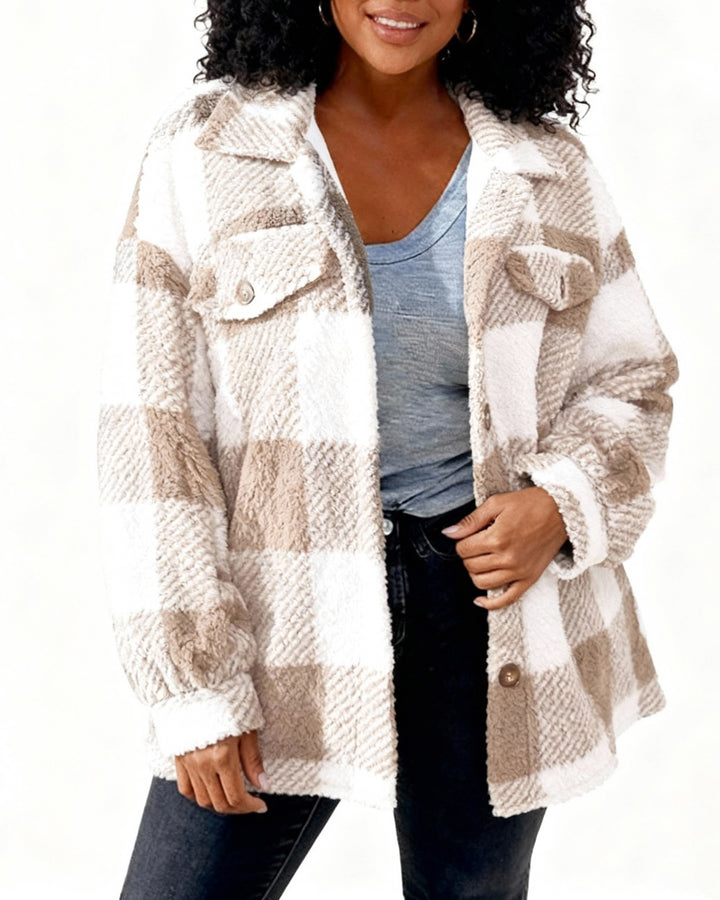 Pocket Plaid Lambskin Jacket Button Plush Coat