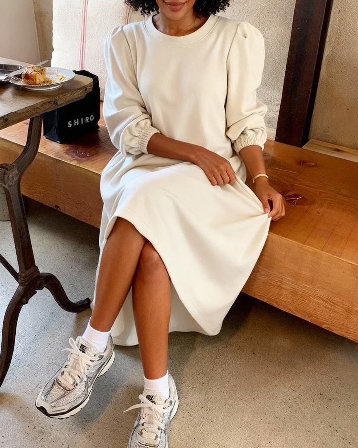 Round Neck Double Pocket Tight Waist Fleece Long Sweater Dress