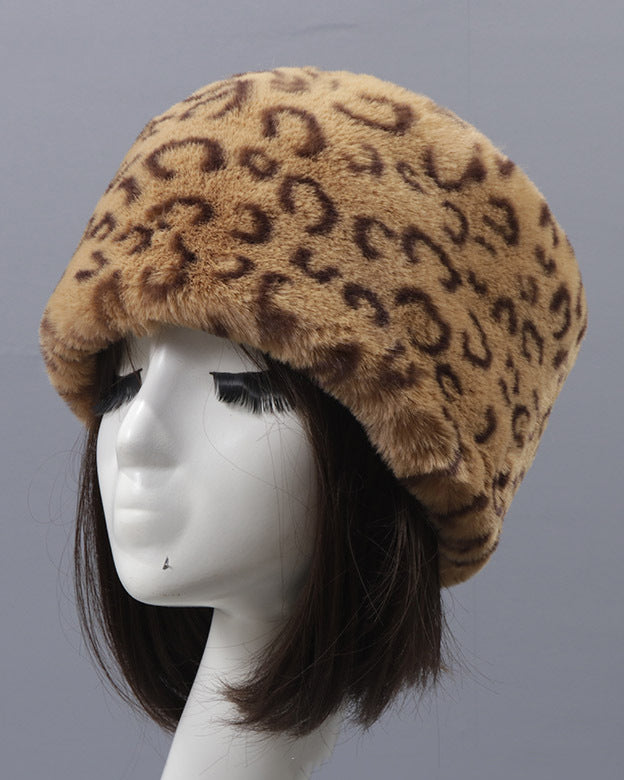 Leopard Faux Rex Rabbit Fur Round Flat Hat